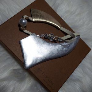 NEW! LARGE SILPADA SILVER AND GOLD METAL ON WHITE SUEDE NECKLACE